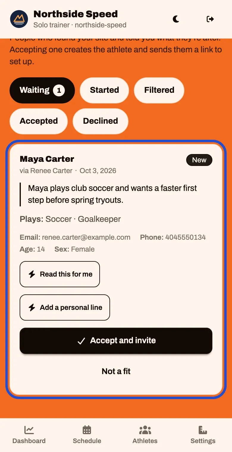 The inquiry, showing the athlete, what the parent wrote, their sport, age and contact details