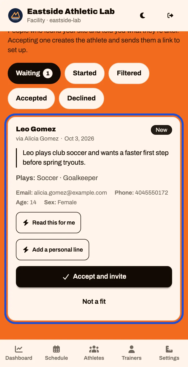 The inquiry, showing the athlete, what the parent wrote, their sport, age and contact details
