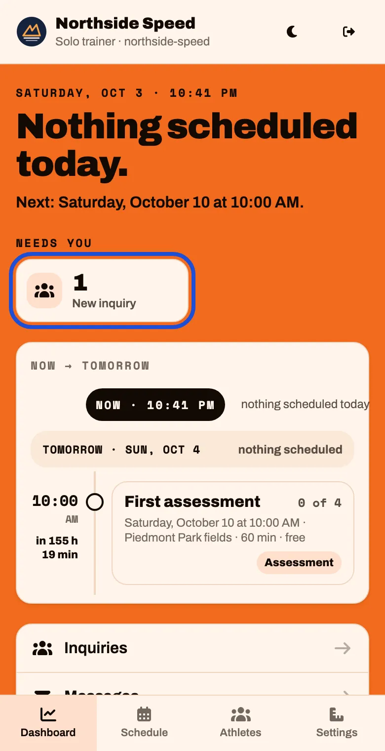 The Dashboard with a New inquiry tile under Needs you