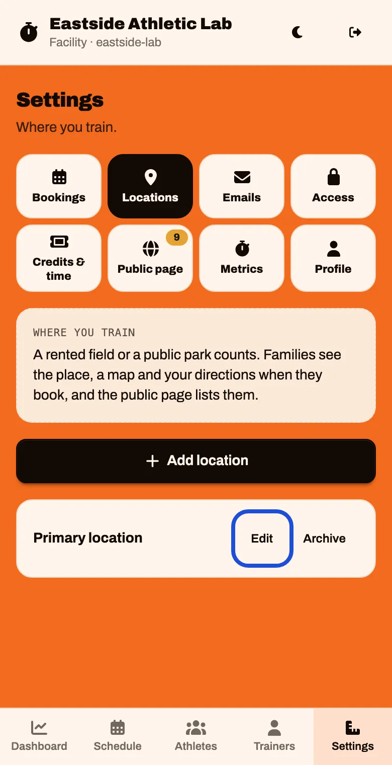 The Locations tab, with Primary location and an Edit button