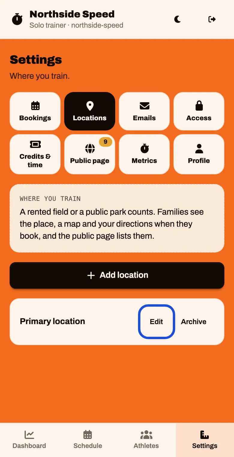 The Locations tab, with Primary location and an Edit button