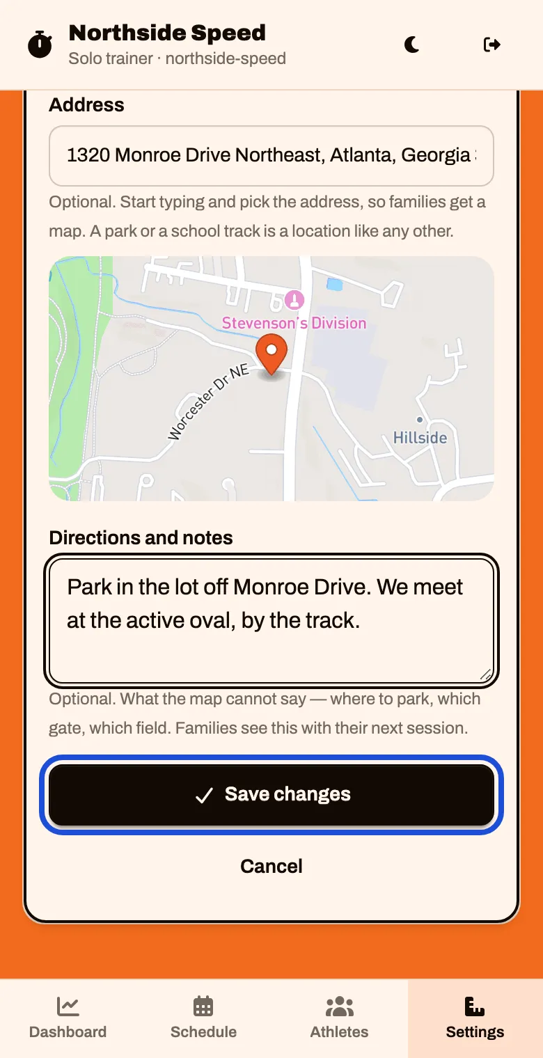 The location form with a map under the address, directions filled in, and a Save changes button
