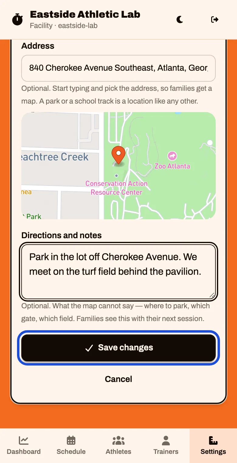 The location form with a map under the address, directions filled in, and a Save changes button