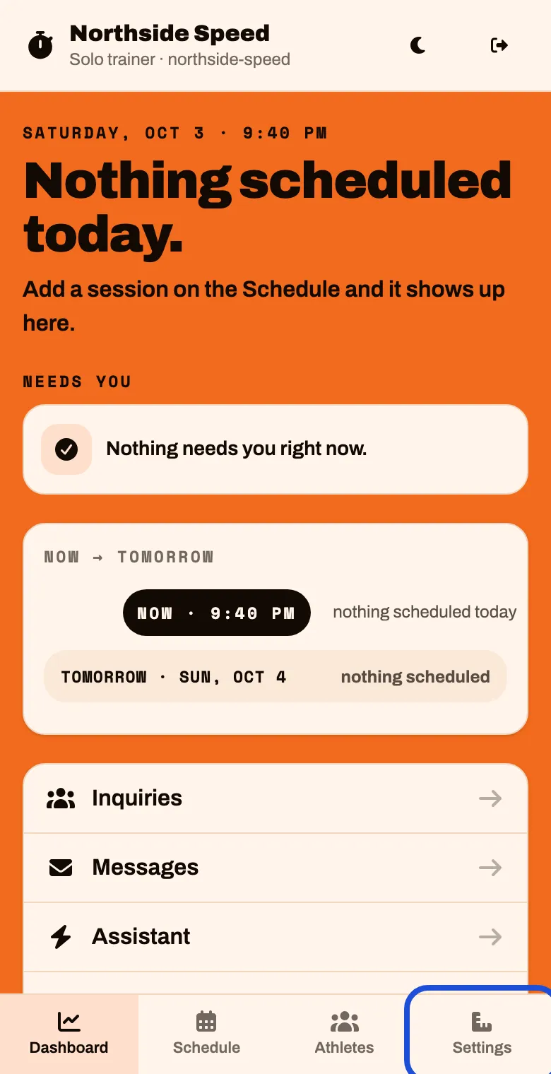 The Dashboard, with Settings at the right of the bottom bar