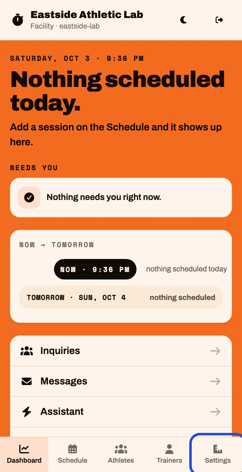 The Dashboard, with Settings at the right of the bottom bar