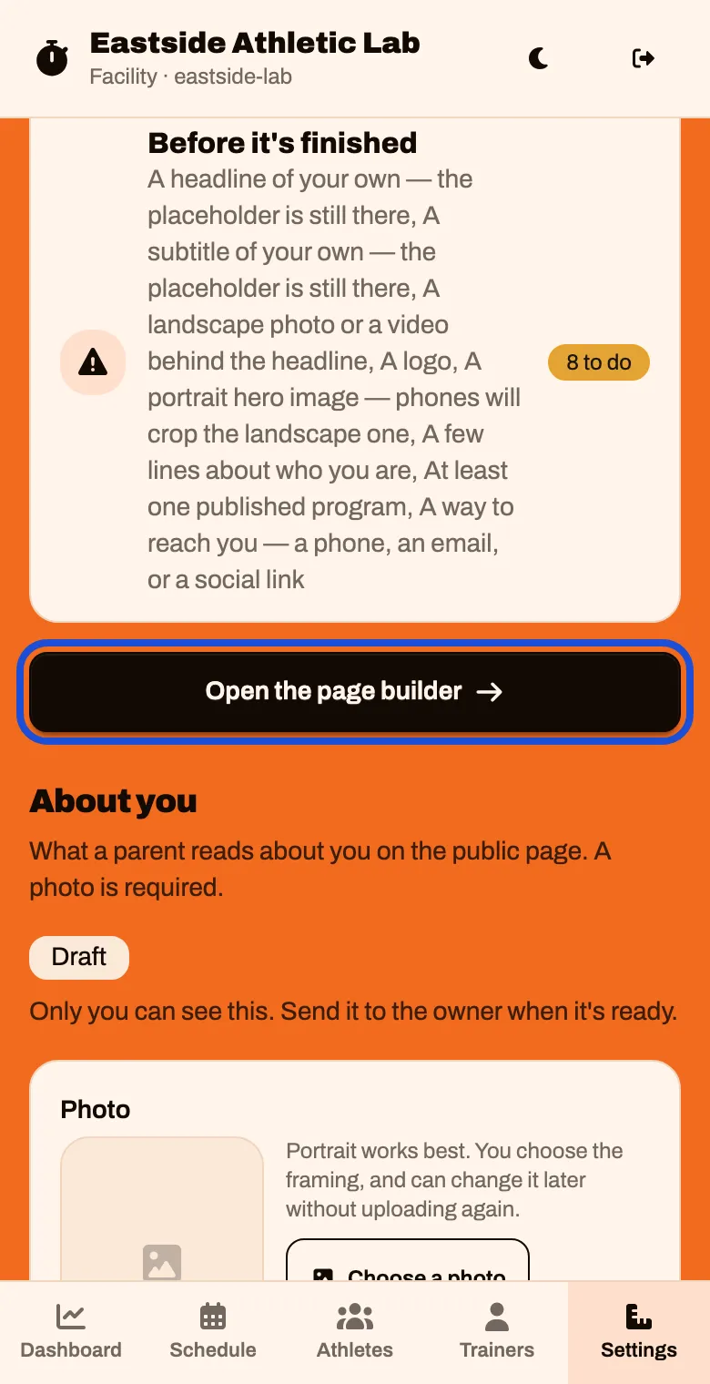 Settings, Public page tab, with an Open the page builder button