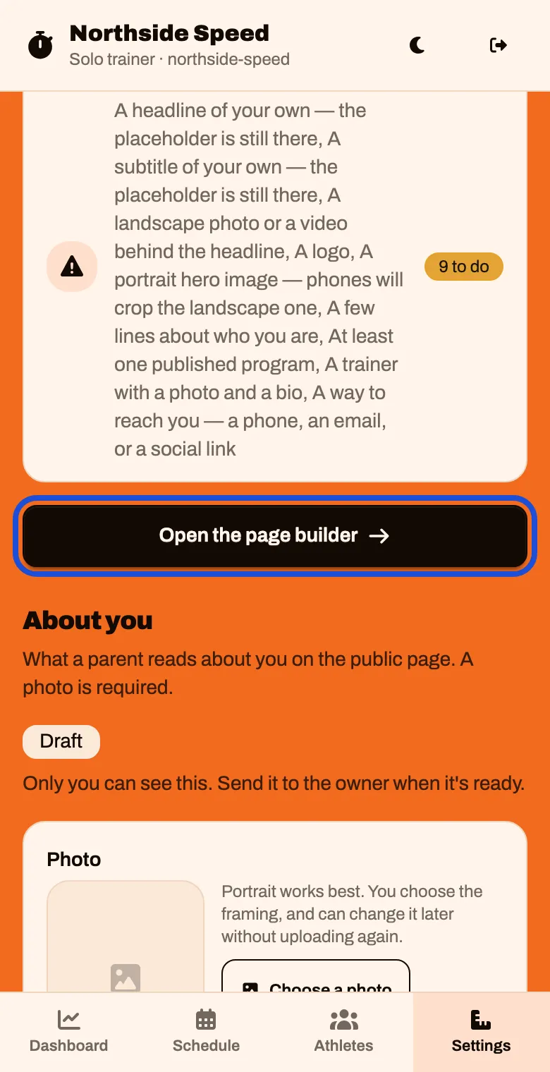 Settings, Public page tab, with an Open the page builder button