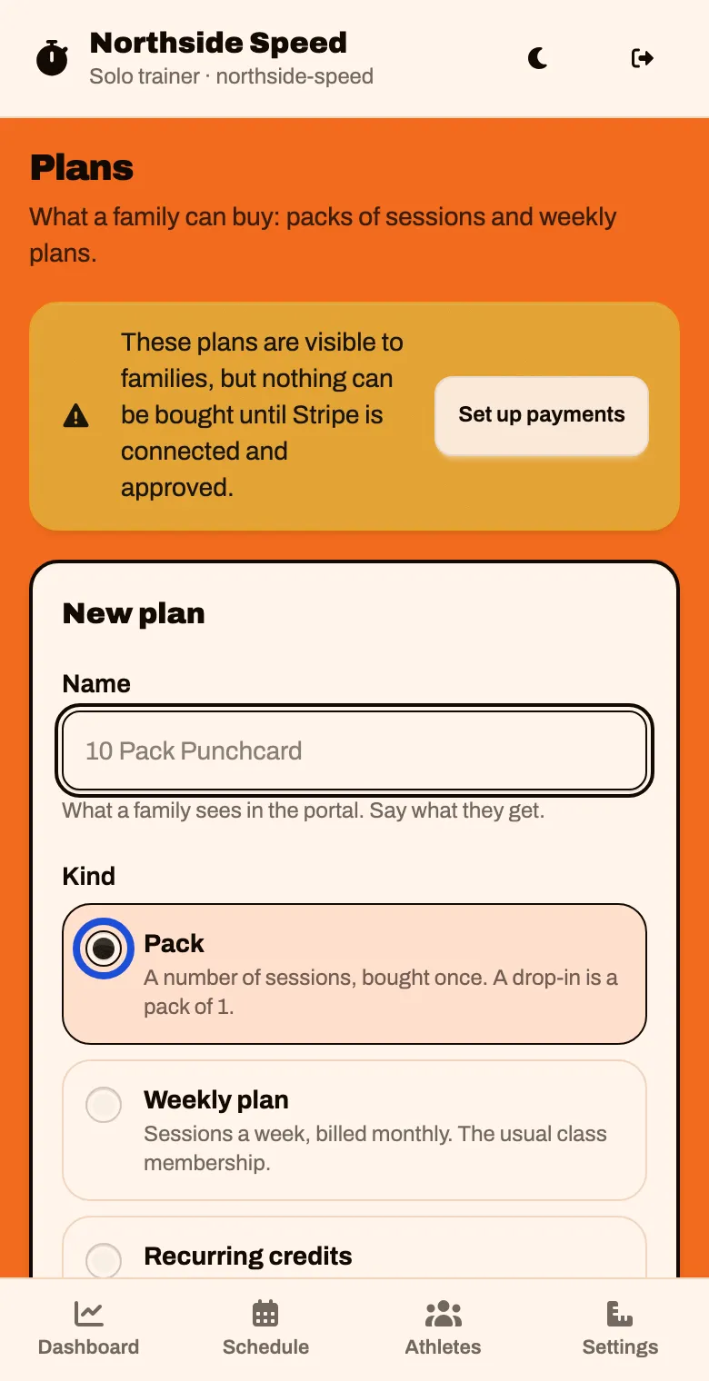 The New plan form, with Name and three kinds: Pack, Weekly plan and Recurring credits