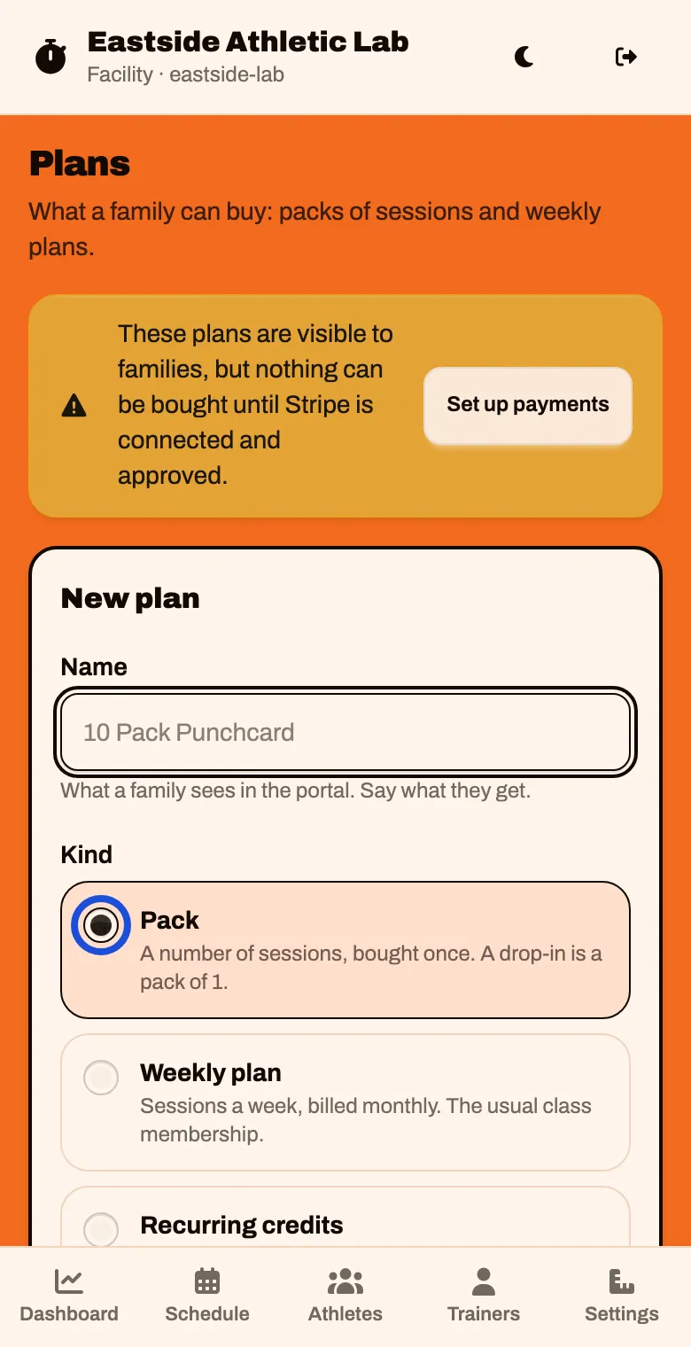 The New plan form, with Name and three kinds: Pack, Weekly plan and Recurring credits
