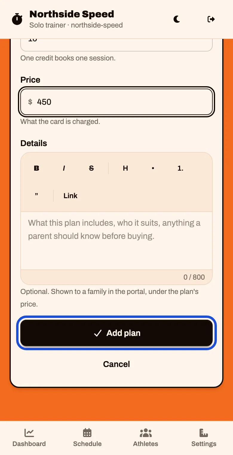 A pack with a price of 450 dollars and an Add plan button