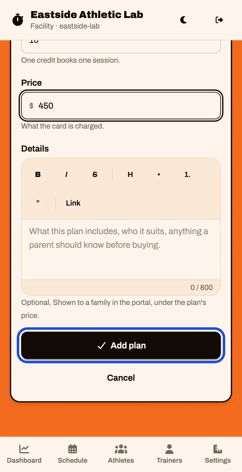 A pack with a price of 450 dollars and an Add plan button