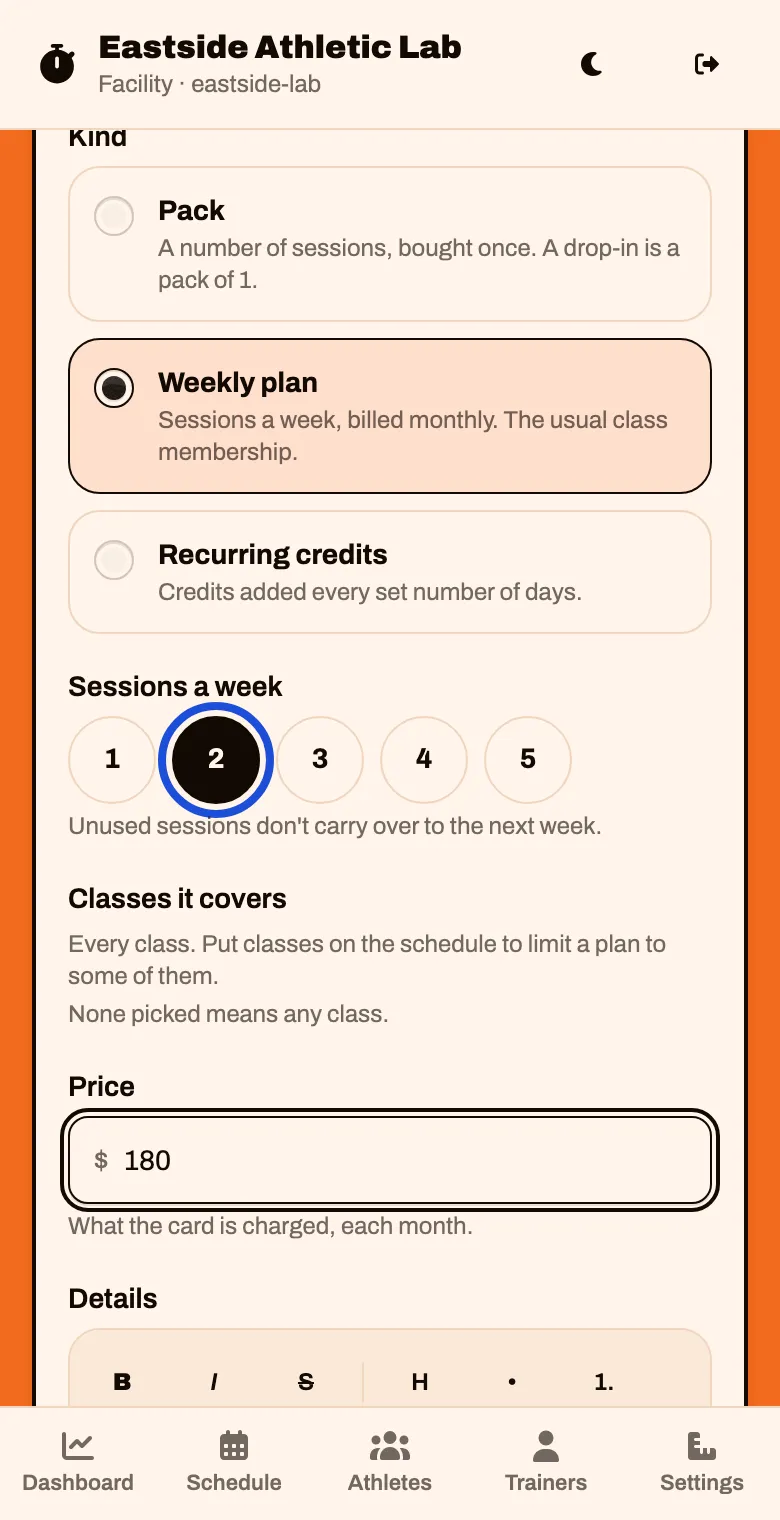 A weekly plan with 2 sessions a week chosen and a price of 180 dollars