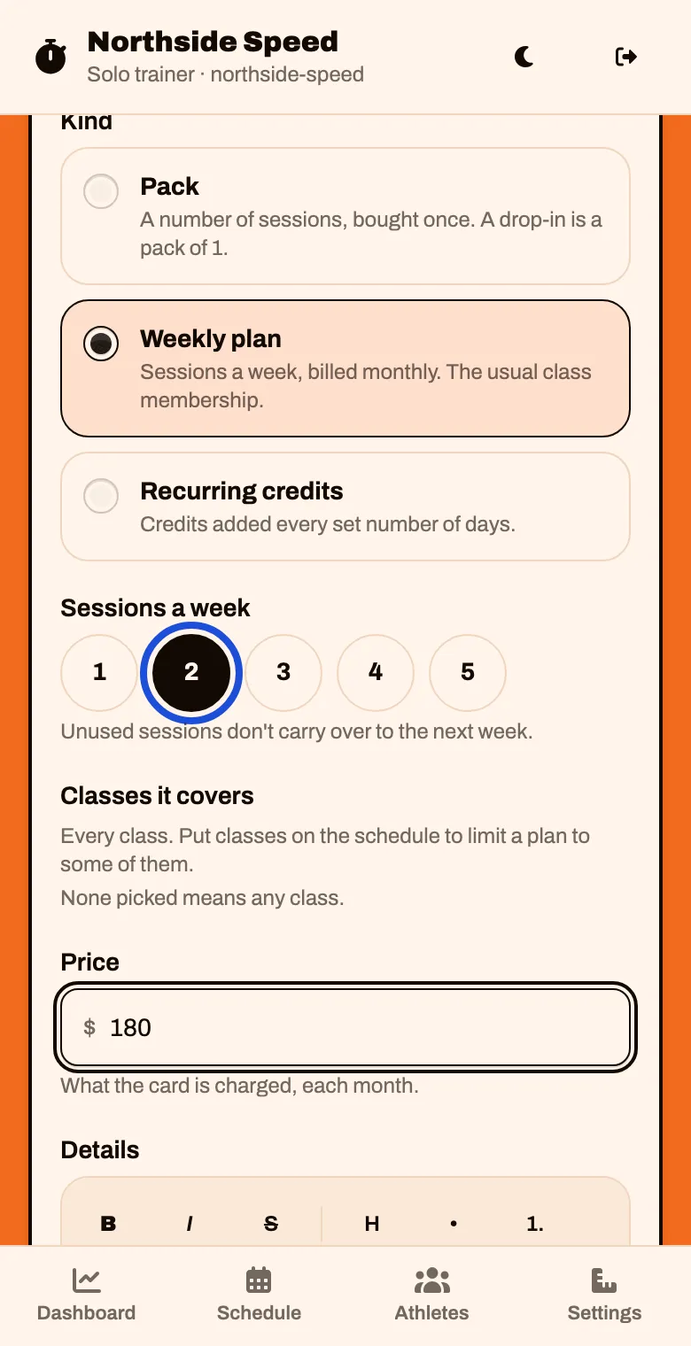A weekly plan with 2 sessions a week chosen and a price of 180 dollars