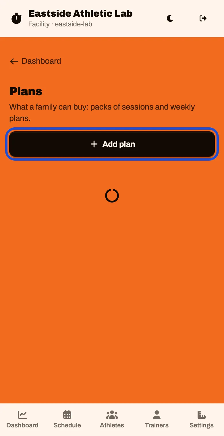 The Plans screen with an Add plan button