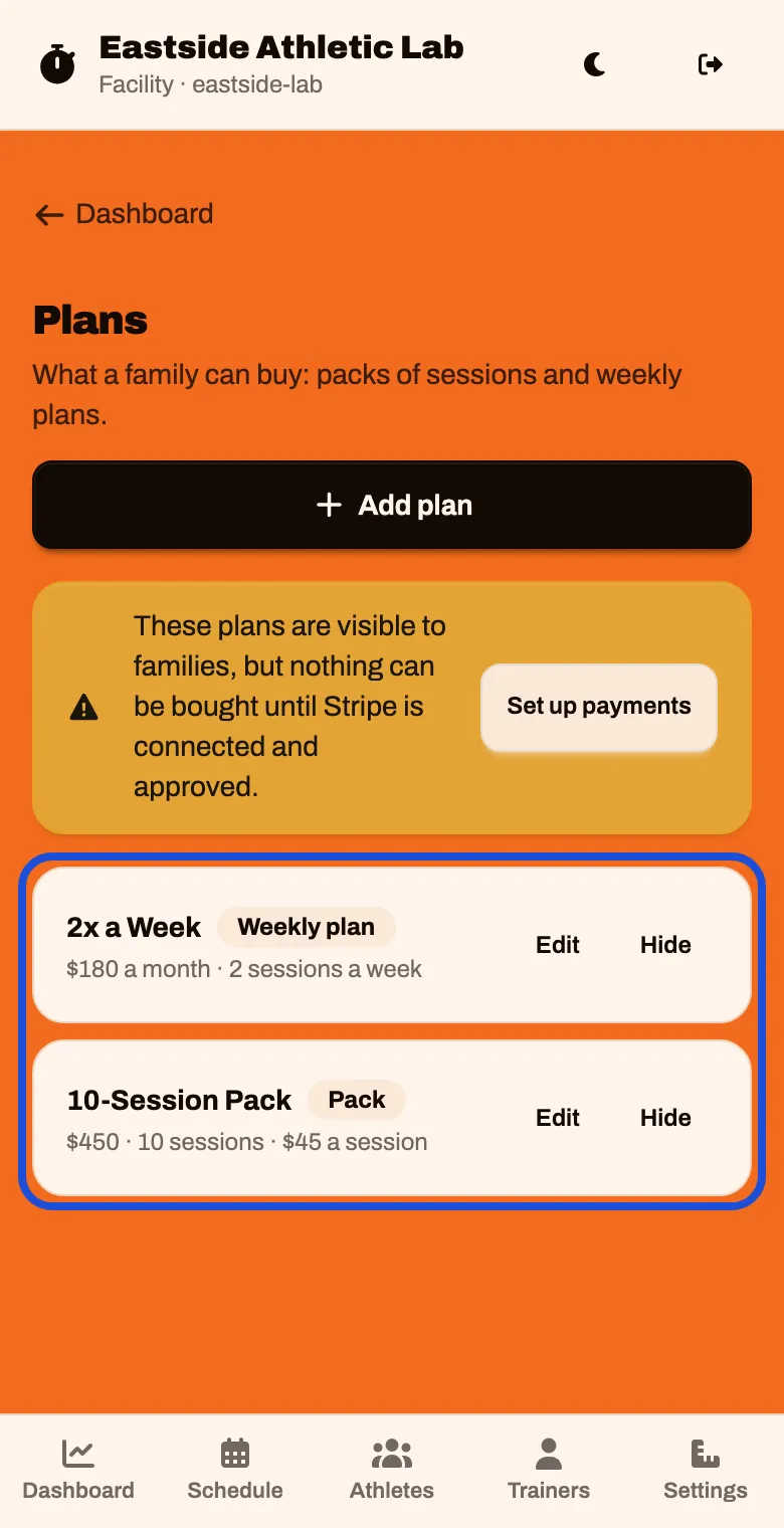 The Plans list with a weekly plan and a 10-session pack