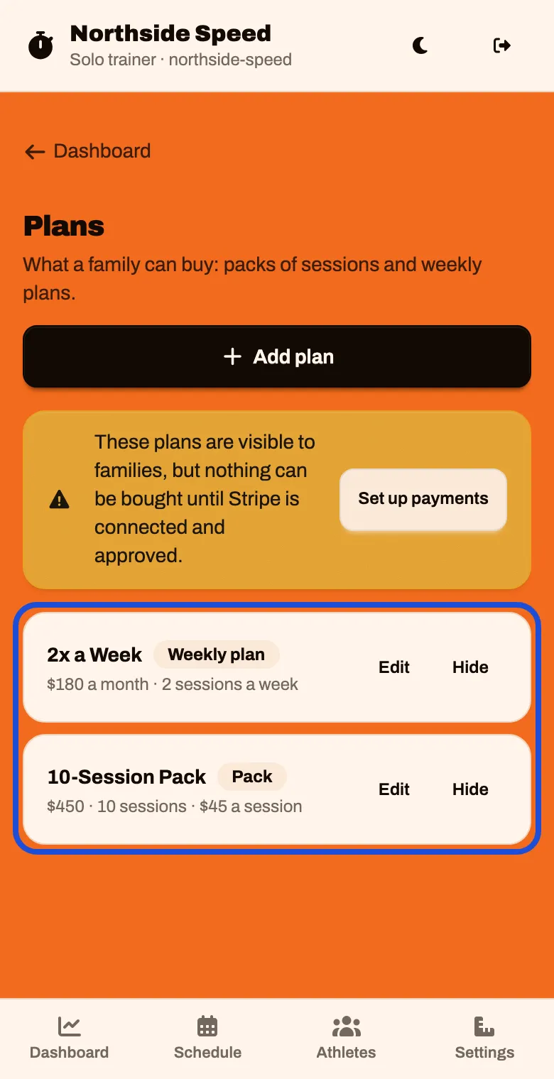 The Plans list with a weekly plan and a 10-session pack