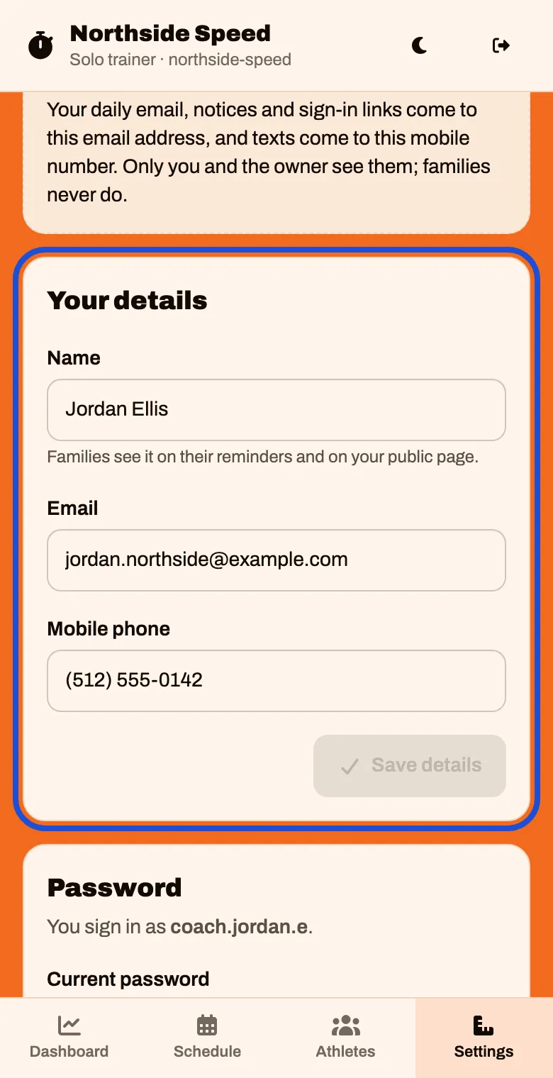 The Your details card with Name, Email and Mobile phone