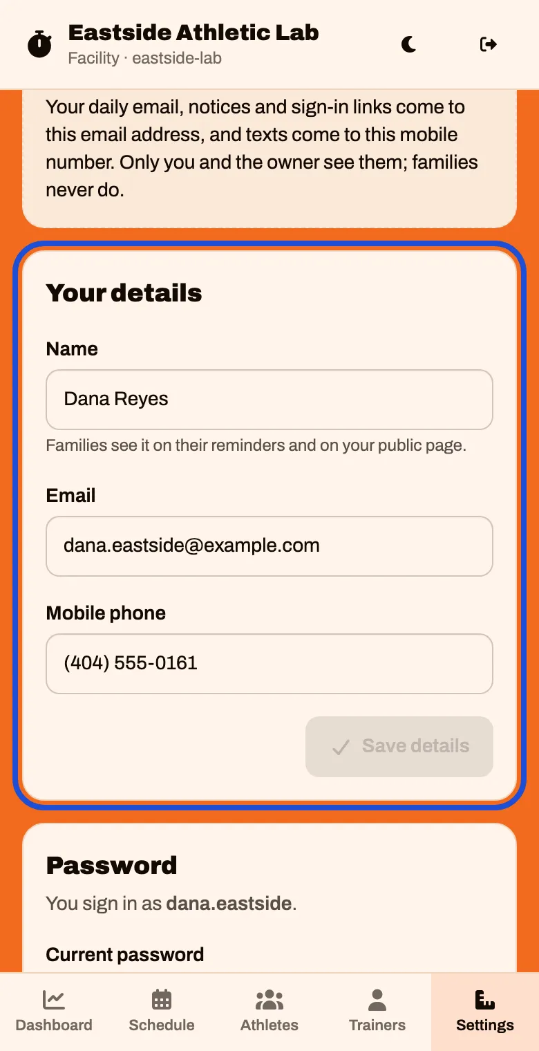 The Your details card with Name, Email and Mobile phone