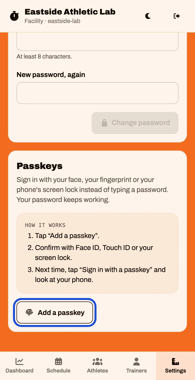 The Passkeys card with an Add a passkey button