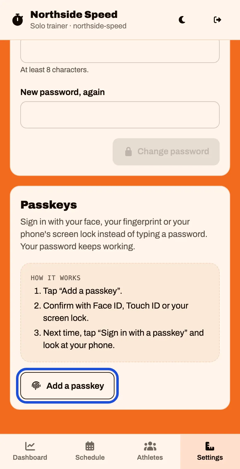 The Passkeys card with an Add a passkey button