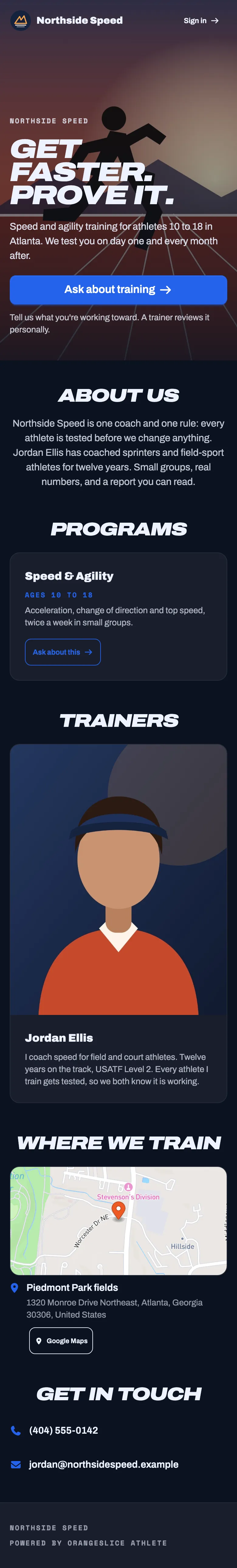 A whole public page: the photo and headline, About us, Programs, Trainers, and Where we train with a map