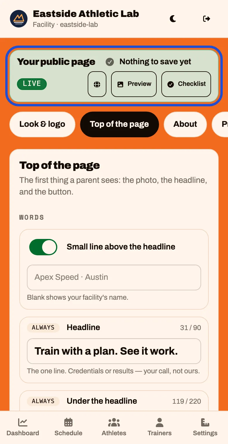 The bar at the top of the builder, now marked Live, with Preview and Checklist buttons