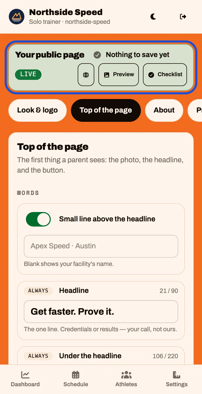 The bar at the top of the builder, now marked Live, with Preview and Checklist buttons