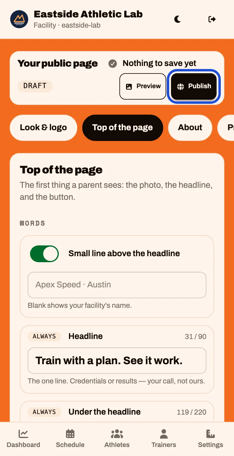The bar at the top of the builder, marked Draft, with a Publish button