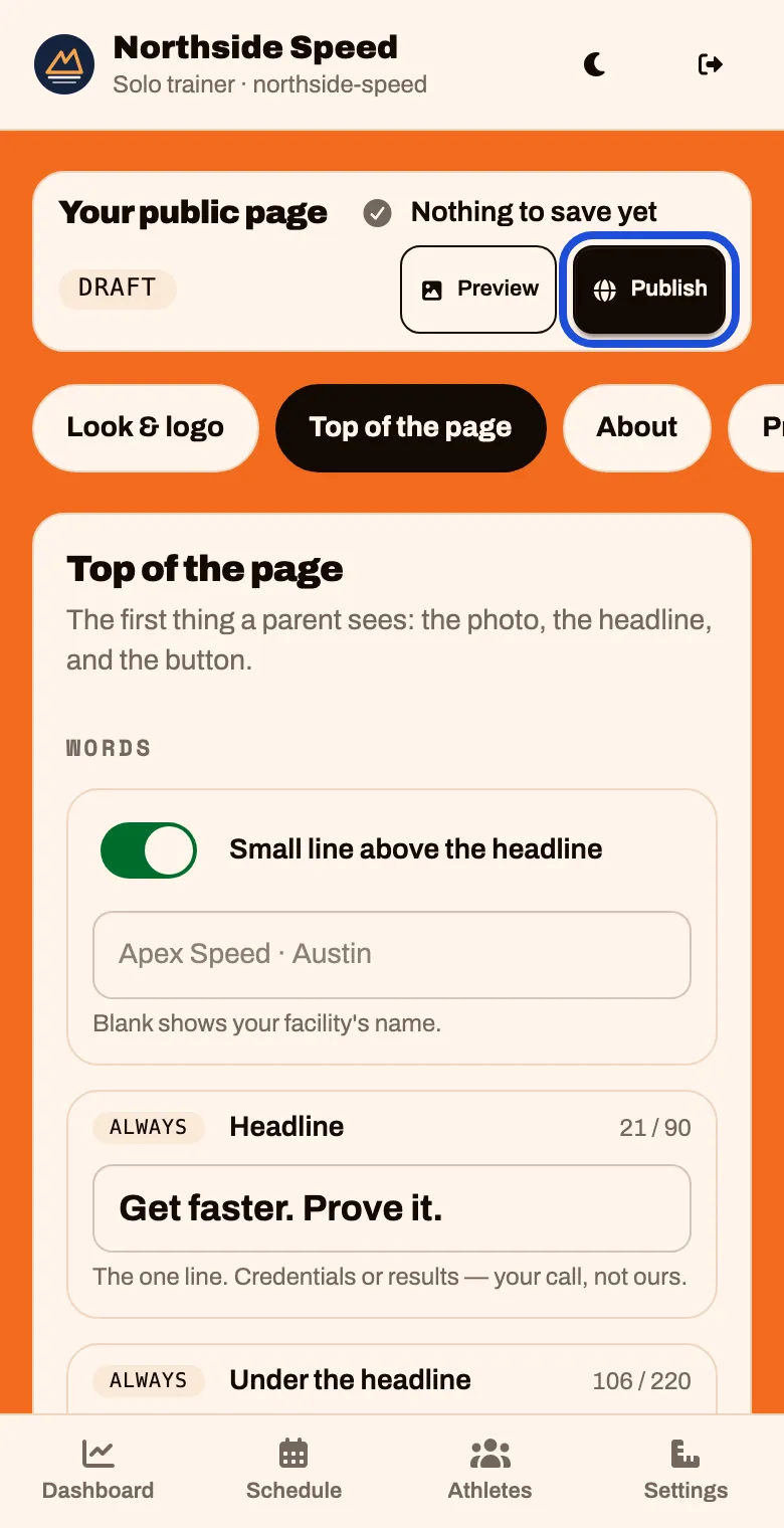 The bar at the top of the builder, marked Draft, with a Publish button