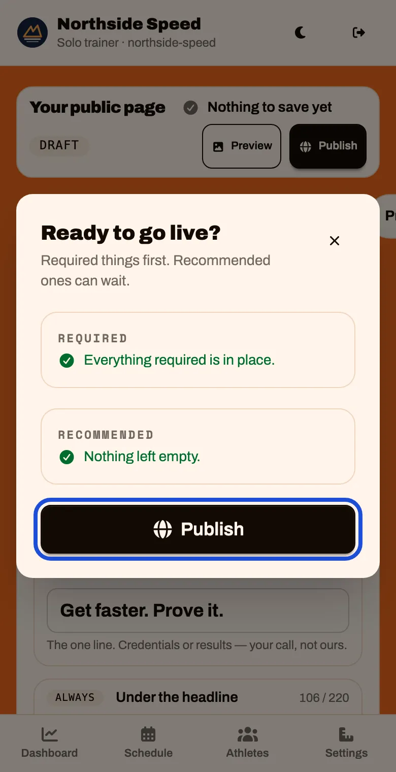 The Ready to go live checklist. Required is complete, Recommended lists what is still empty, and there is a Publish button