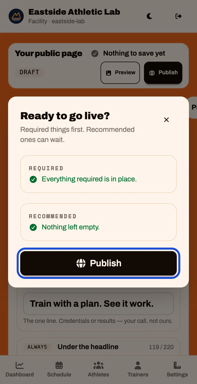 The Ready to go live checklist. Required is complete, Recommended lists what is still empty, and there is a Publish button