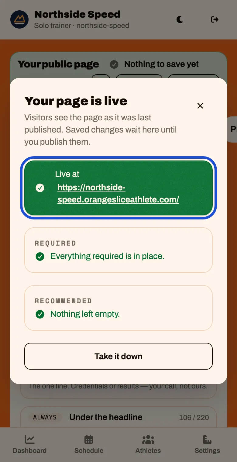 Your page is live, with the page's address in a green box