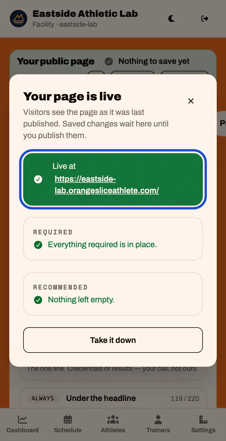 Your page is live, with the page's address in a green box