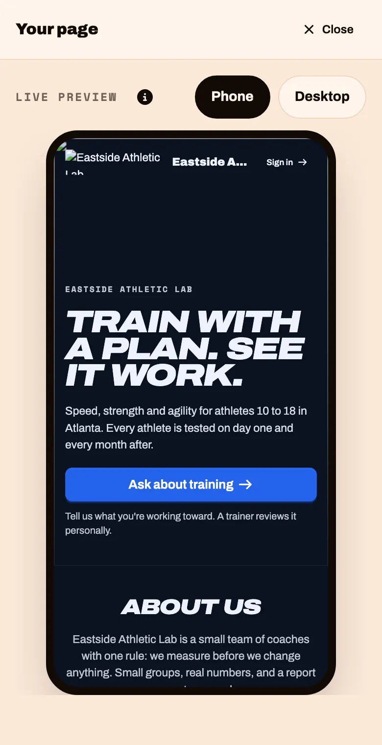 The preview of the public page at phone size, with Phone and Desktop buttons