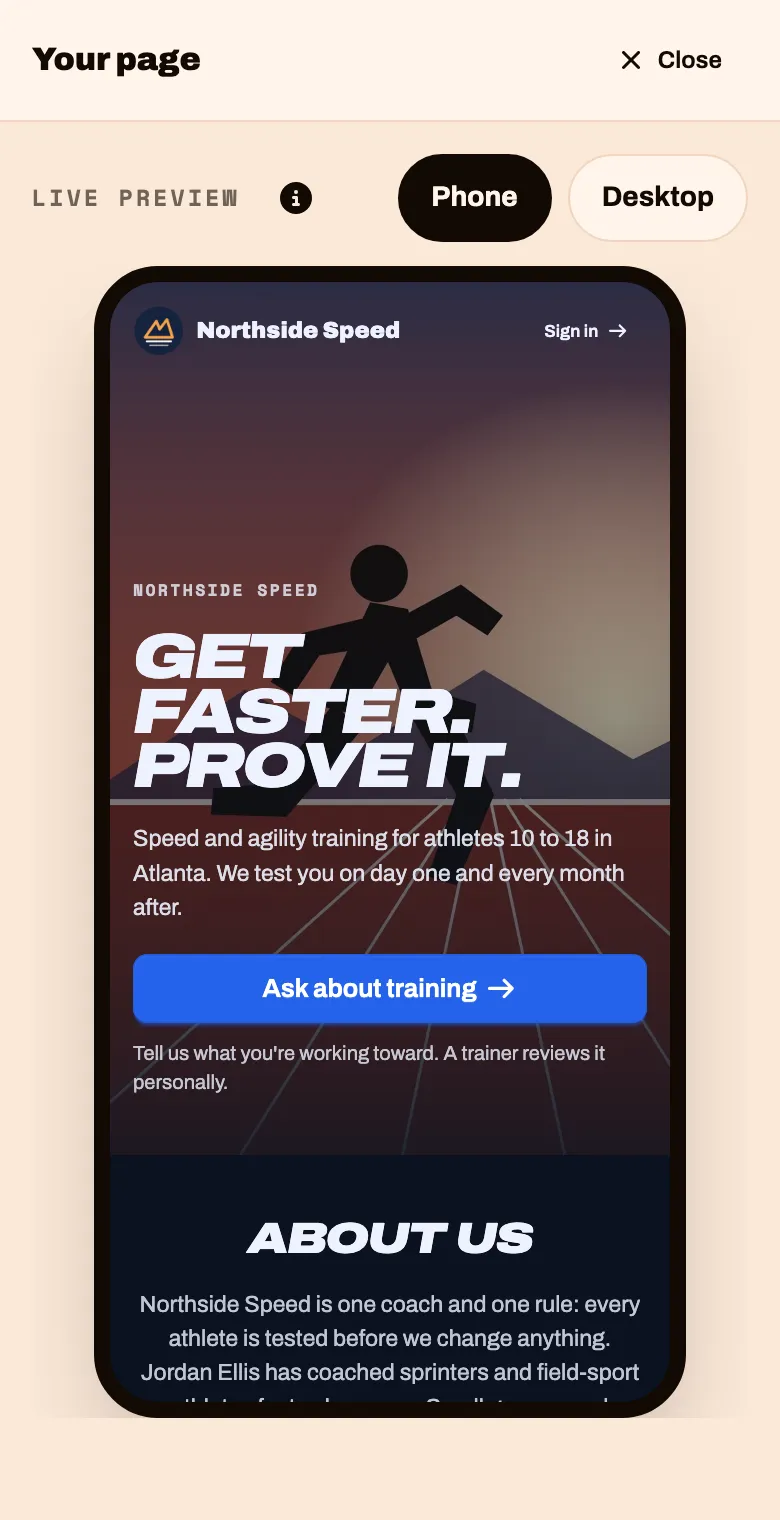 The preview of the public page at phone size, with Phone and Desktop buttons