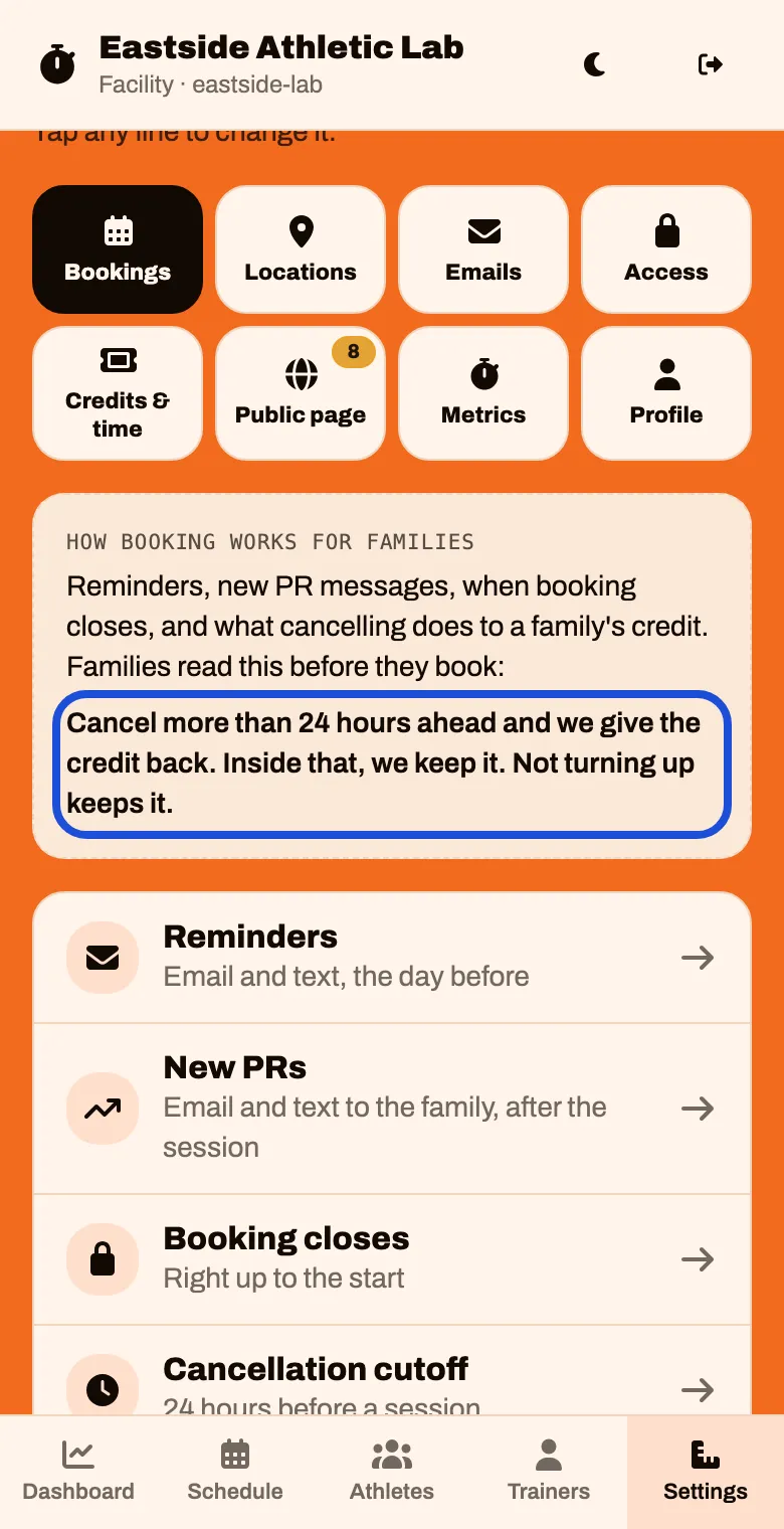 Settings, Bookings tab. A box shows the cancellation sentence families read