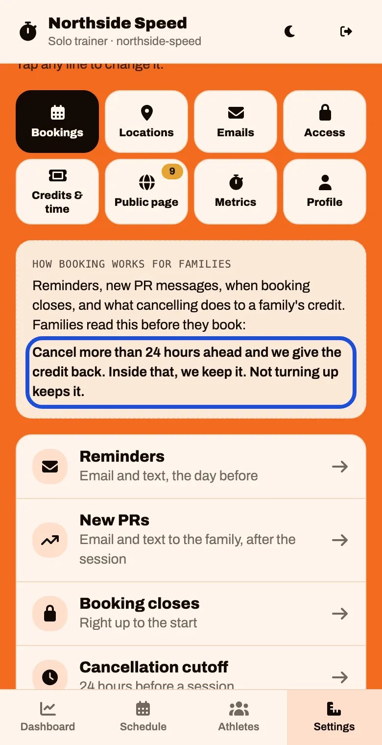 Settings, Bookings tab. A box shows the cancellation sentence families read