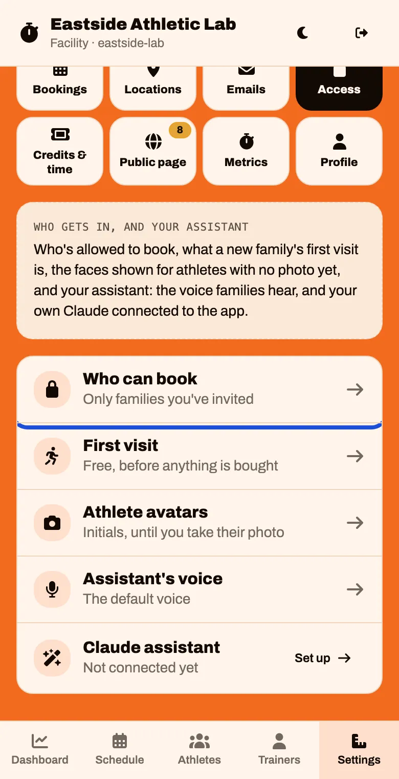 Settings, Access tab, with a Who can book line reading Only families you've invited