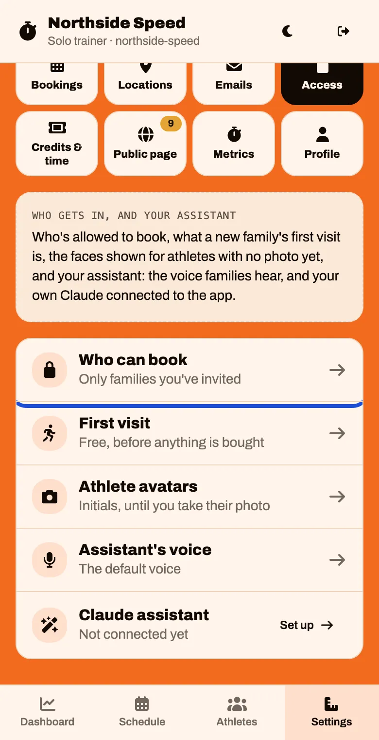 Settings, Access tab, with a Who can book line reading Only families you've invited