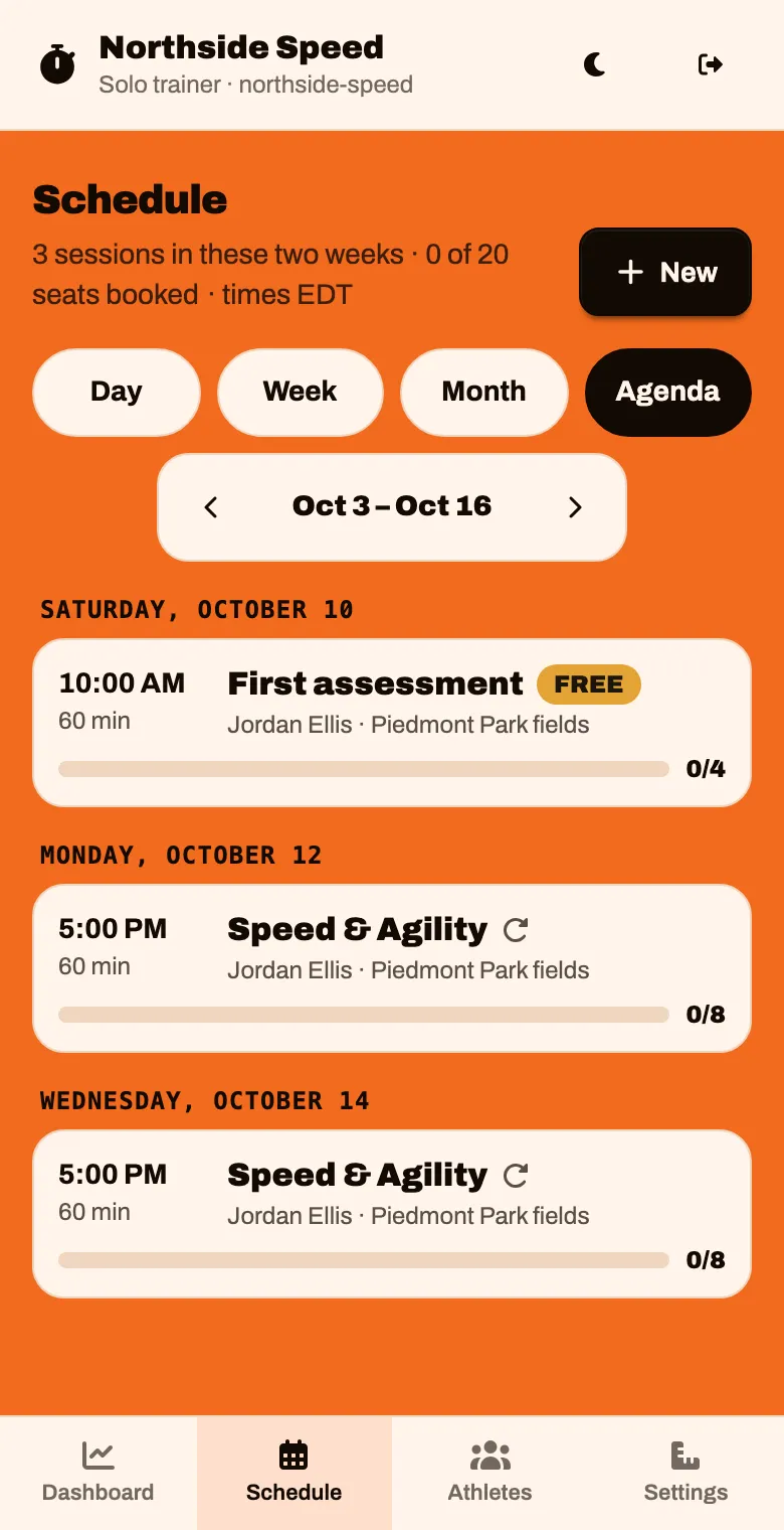 The schedule in Agenda view, listing the assessment and the classes