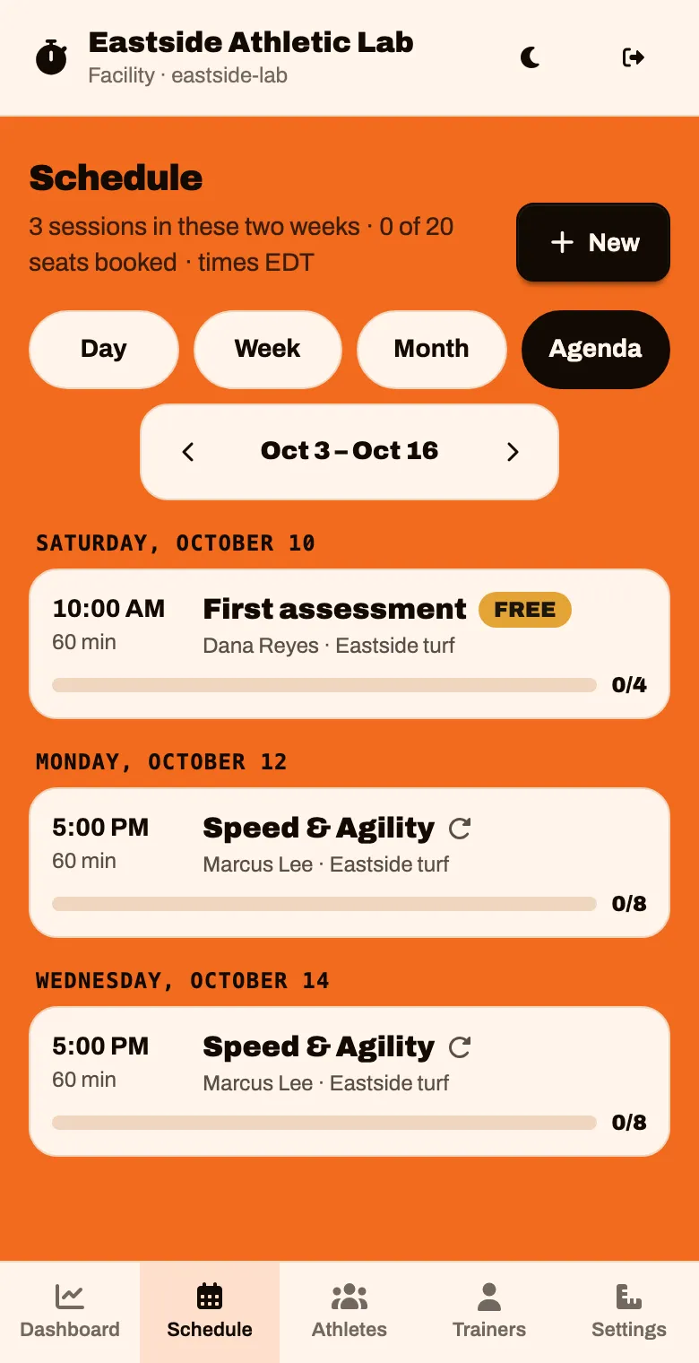 The schedule in Agenda view, listing the assessment and the classes