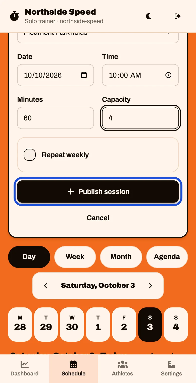 The assessment filled in: a Saturday at 10:00 AM, 60 minutes, capacity 4, and a Publish session button