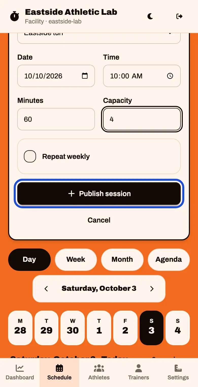 The assessment filled in: a Saturday at 10:00 AM, 60 minutes, capacity 4, and a Publish session button