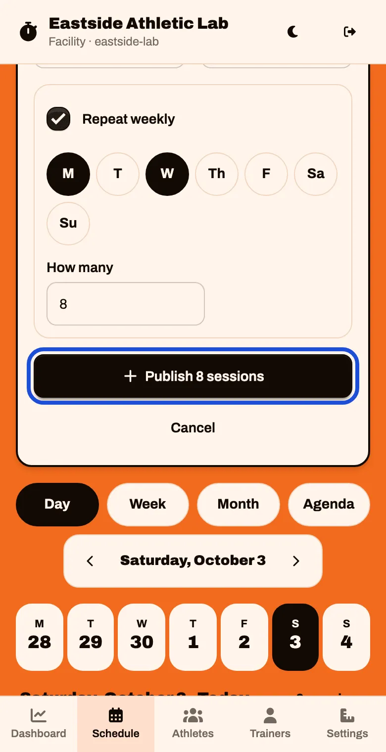 The class form with a Publish 8 sessions button