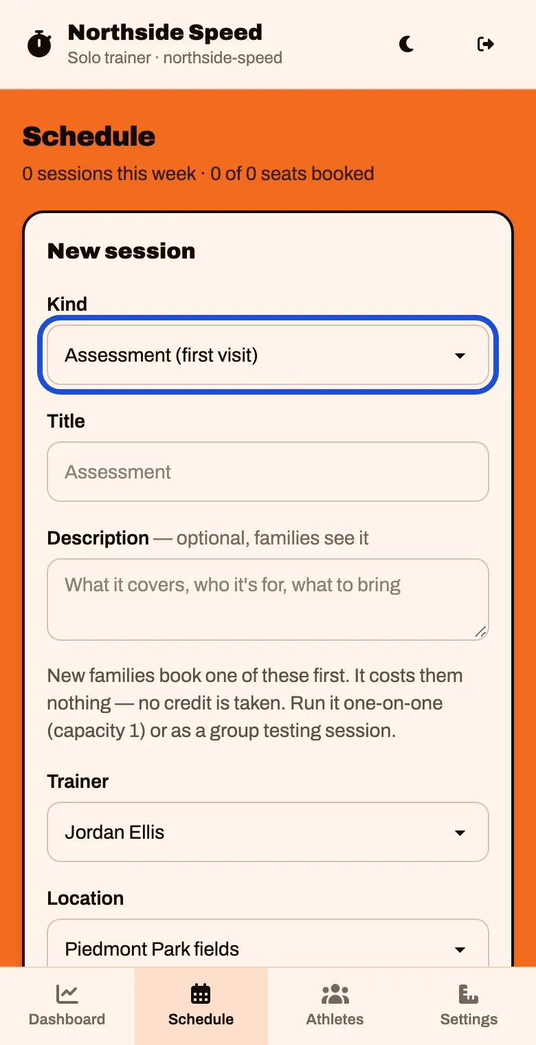 The New session form with Kind set to Assessment (first visit)