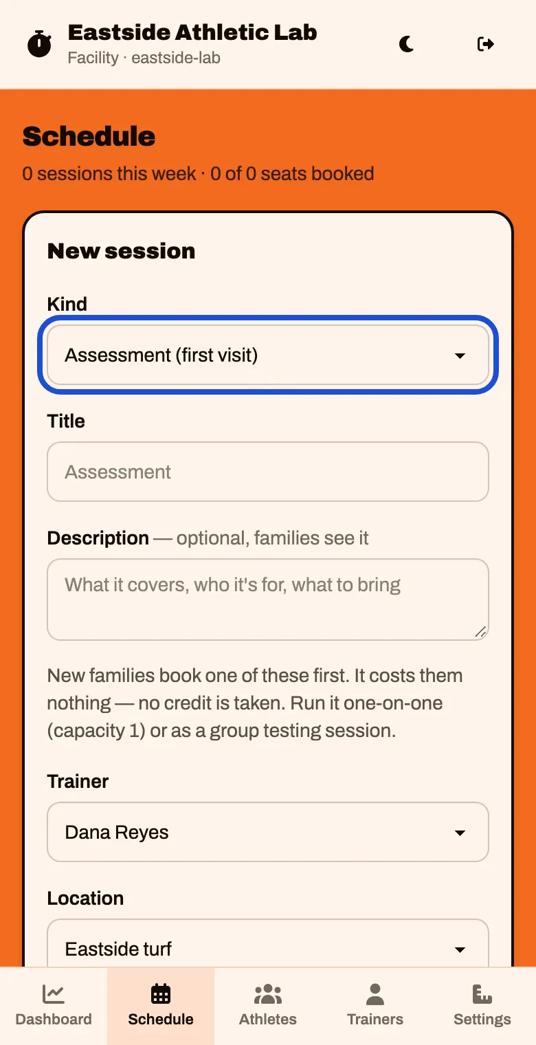 The New session form with Kind set to Assessment (first visit)