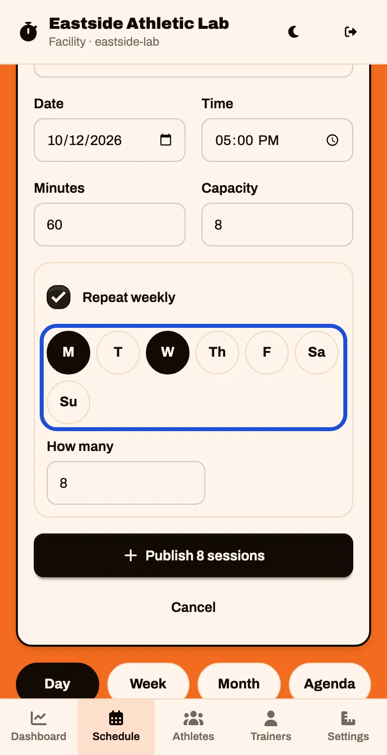 Repeat weekly switched on, with Monday and Wednesday chosen and How many set to 8