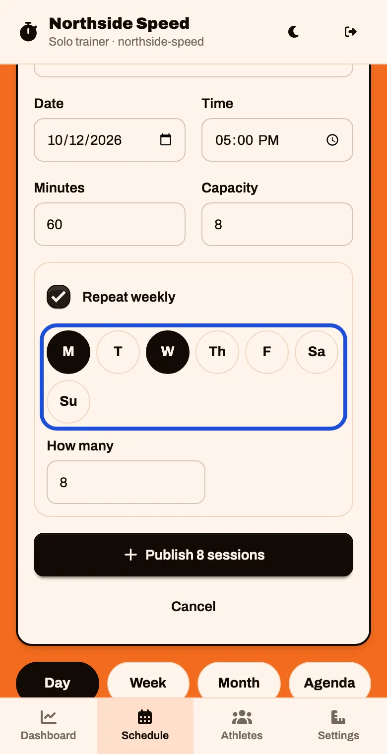 Repeat weekly switched on, with Monday and Wednesday chosen and How many set to 8
