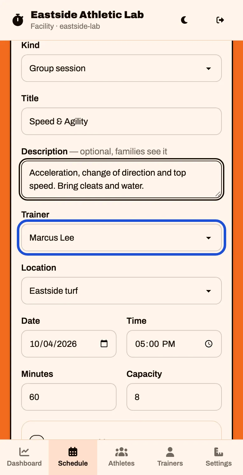 The New session form with the Trainer box set to Marcus Lee