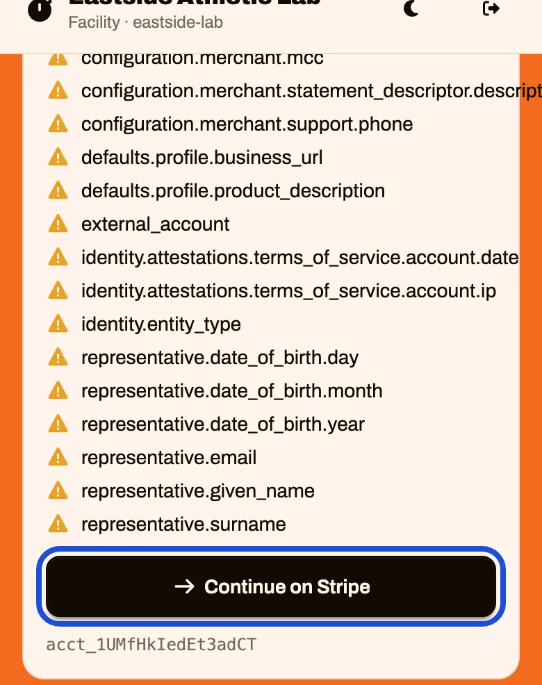 The Payments screen after connecting, with a Continue on Stripe button